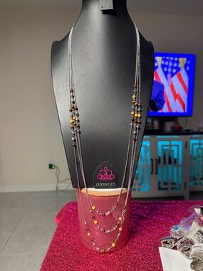 paparazzi Layered Yellow and Brown Beaded Multistrand Necklace